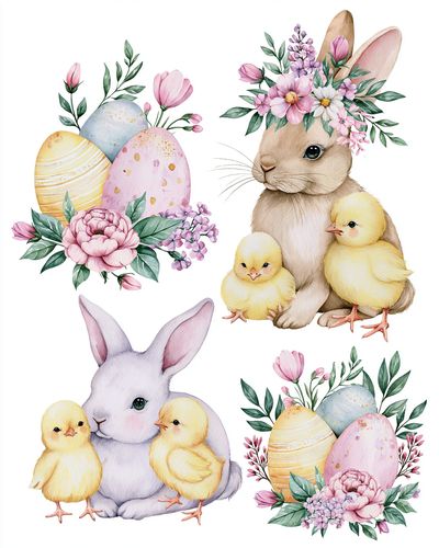 Easter Bunny and Chicks Watercolor Print. poster