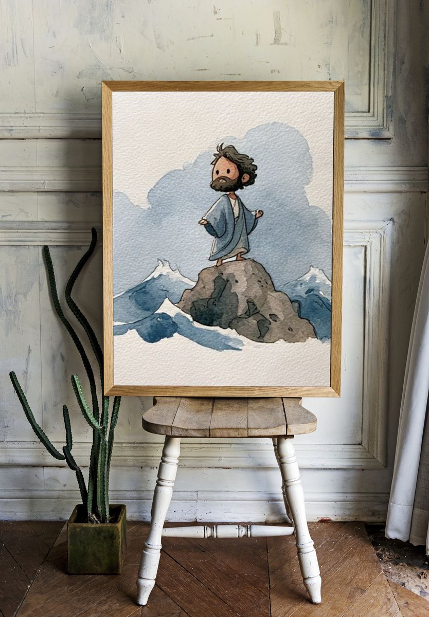 Watercolor Mountain Figure Print. — room view 1