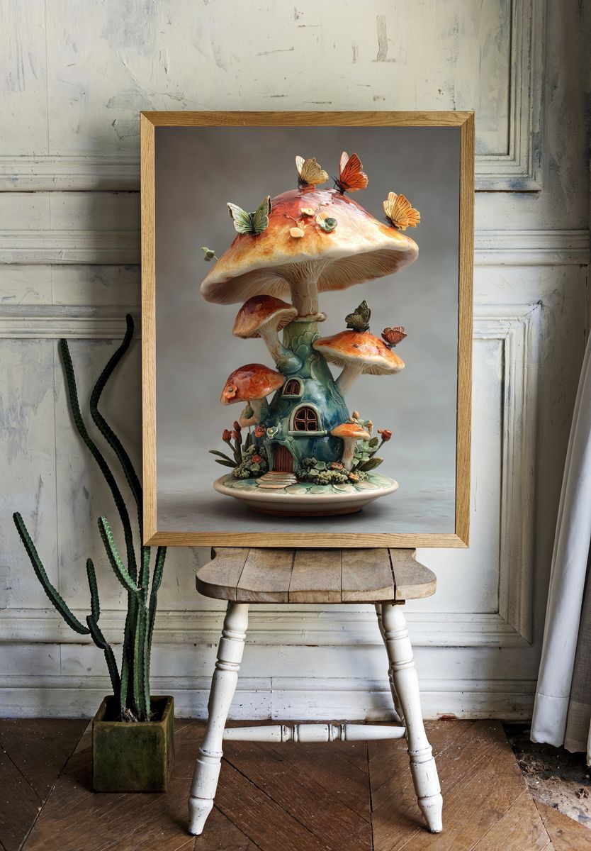 Butterfly Mushroom House Illustration Poster room preview