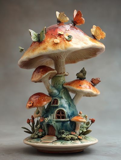 Butterfly Mushroom House Illustration Poster. poster print