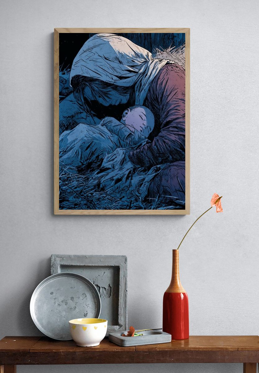Sleeping Mother and Child Illustration Poster. — room view 3