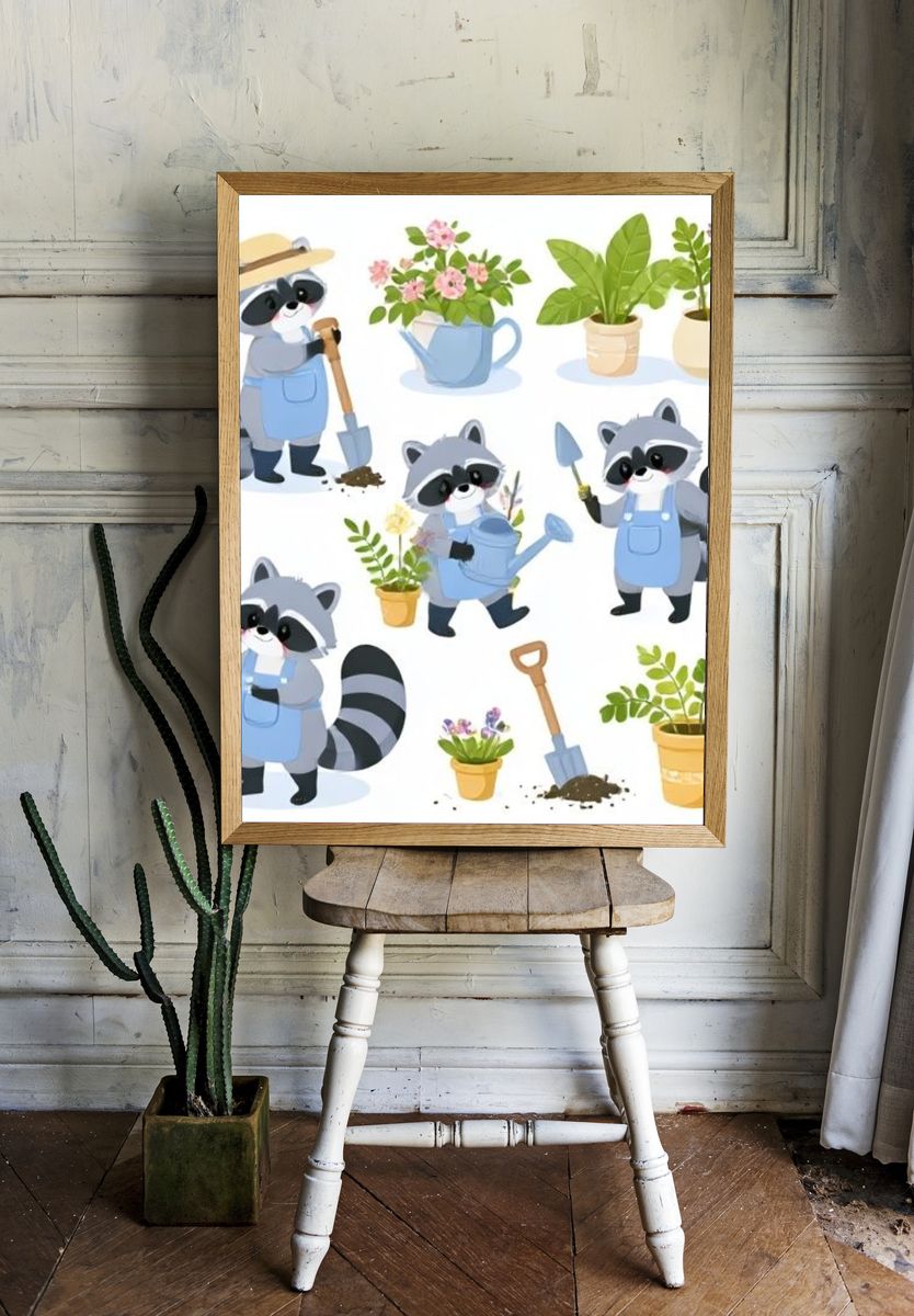 Garden Raccoon Illustration Poster. — room view 1