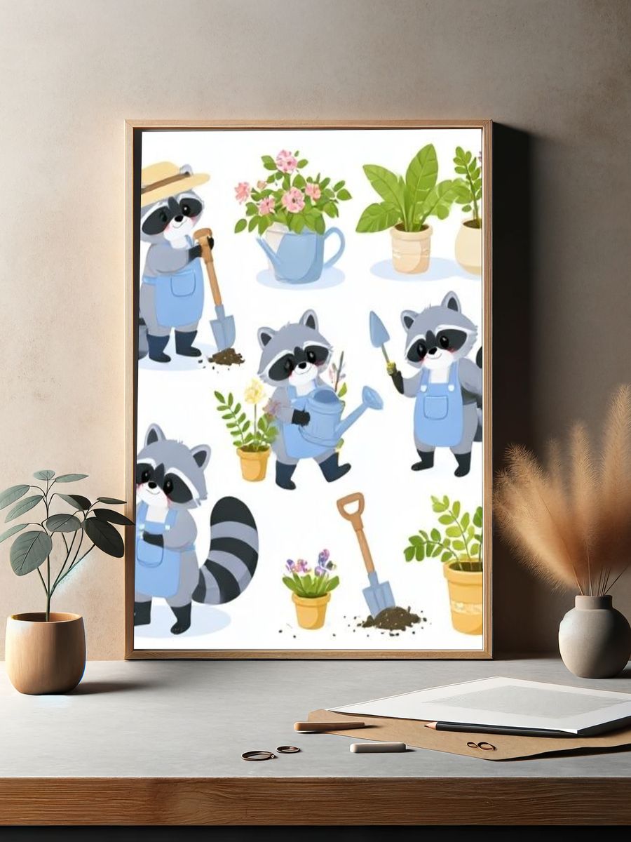 Garden Raccoon Illustration Poster. — room view 2