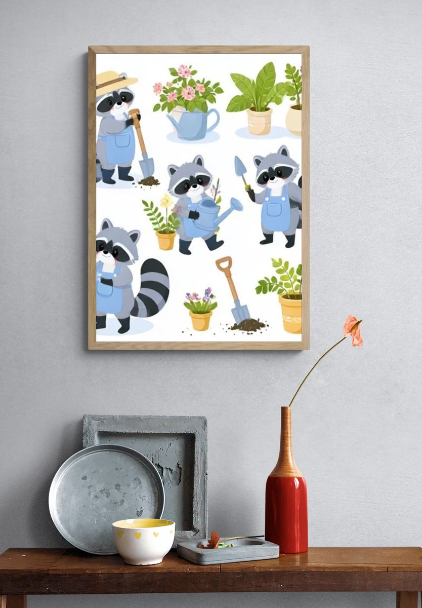 Garden Raccoon Illustration Poster. — room view 3