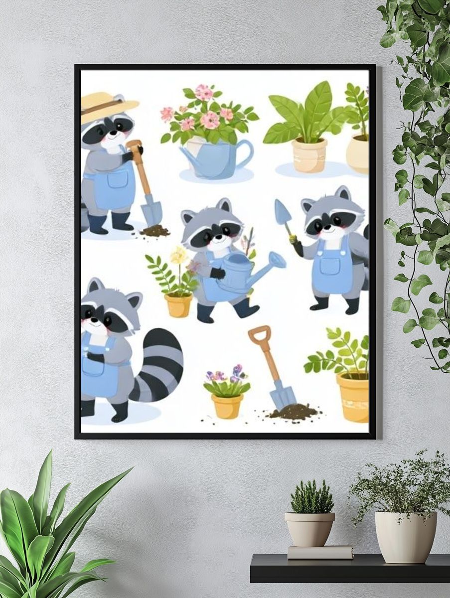 Garden Raccoon Illustration Poster. — room view 4