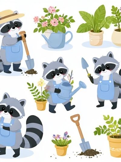Garden Raccoon Illustration Poster.