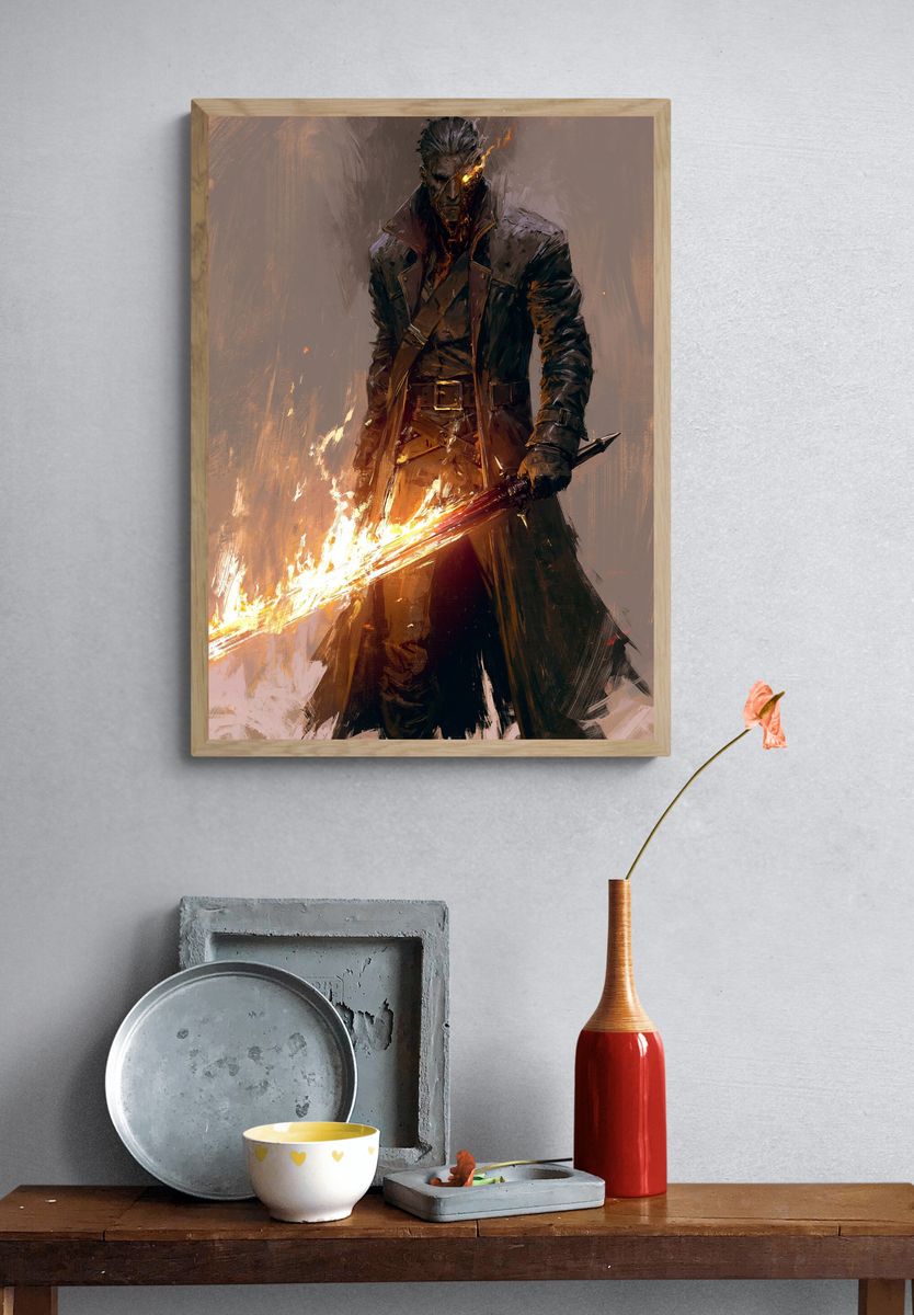 Flaming Swordsman Digital Art Poster. — room view 3