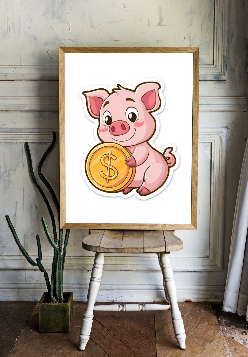 Piggy Coin Cartoon Print. — room view 1