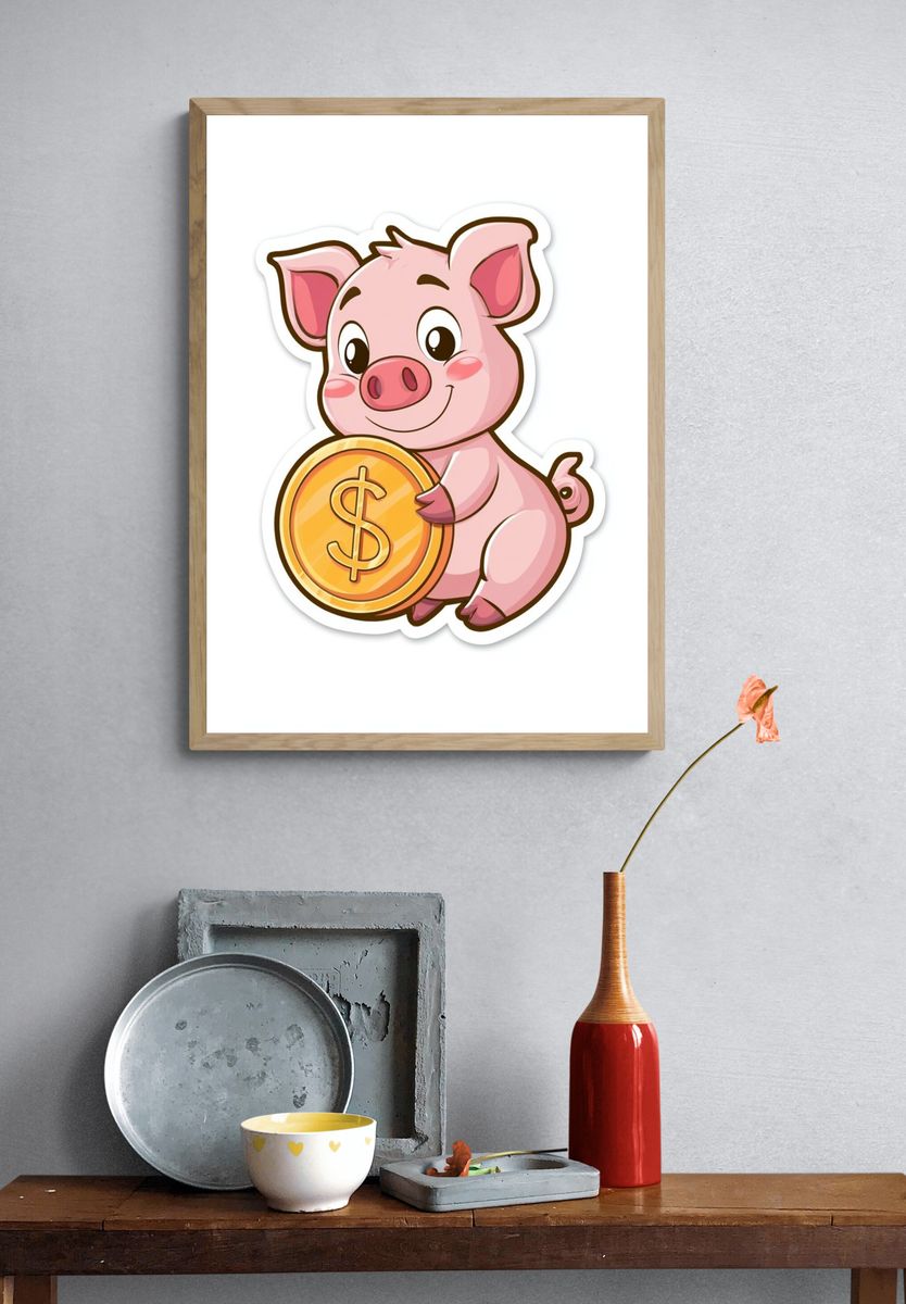 Piggy Coin Cartoon Print. — room view 3