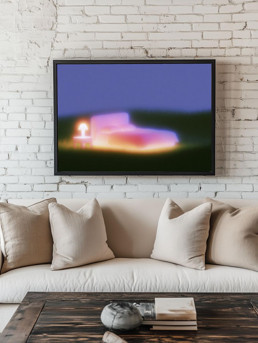 Dreamy Neon Bedscape Print. room preview