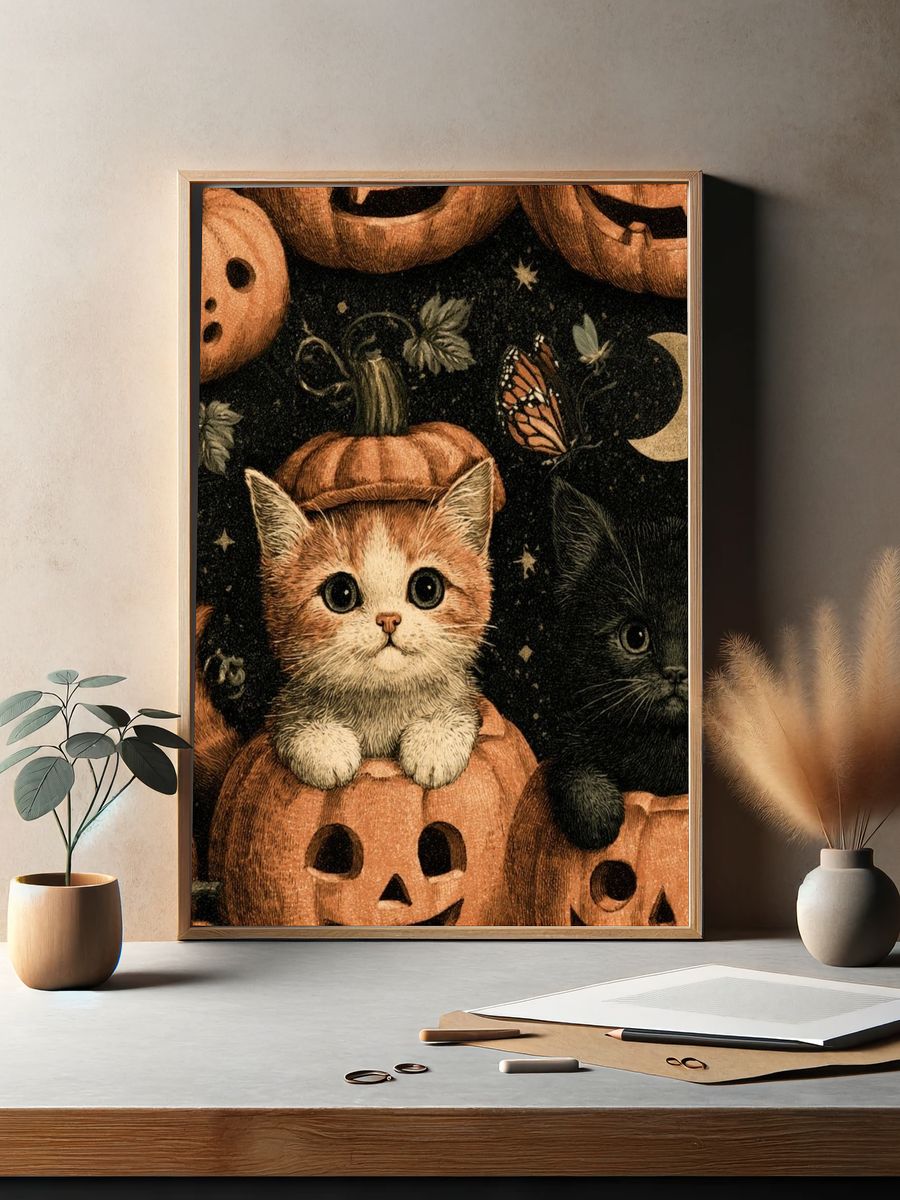 Halloween Kittens Illustration Poster. — room view 2