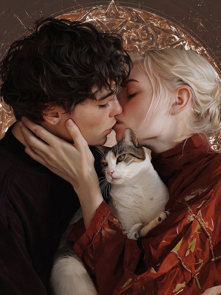 Romantic Kiss with Cat Illustration Poster. poster — illustration art