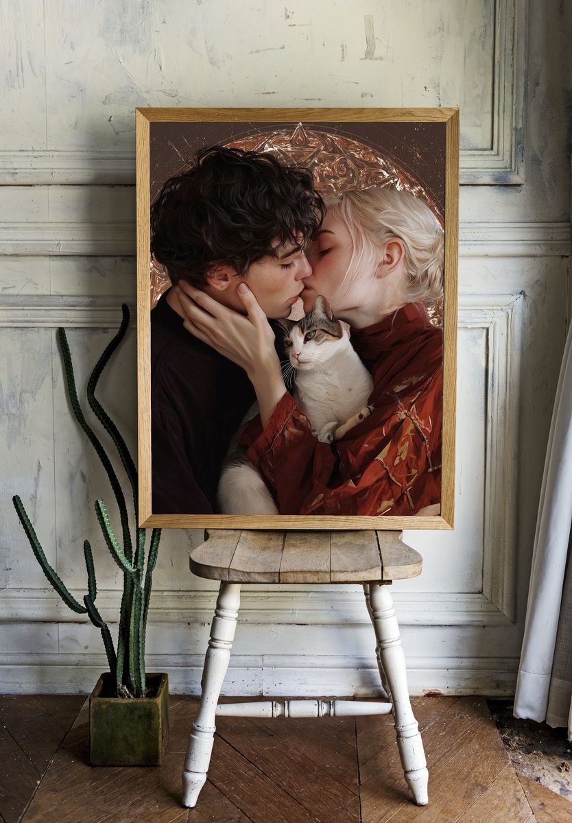 Romantic Kiss with Cat Illustration Poster. room preview
