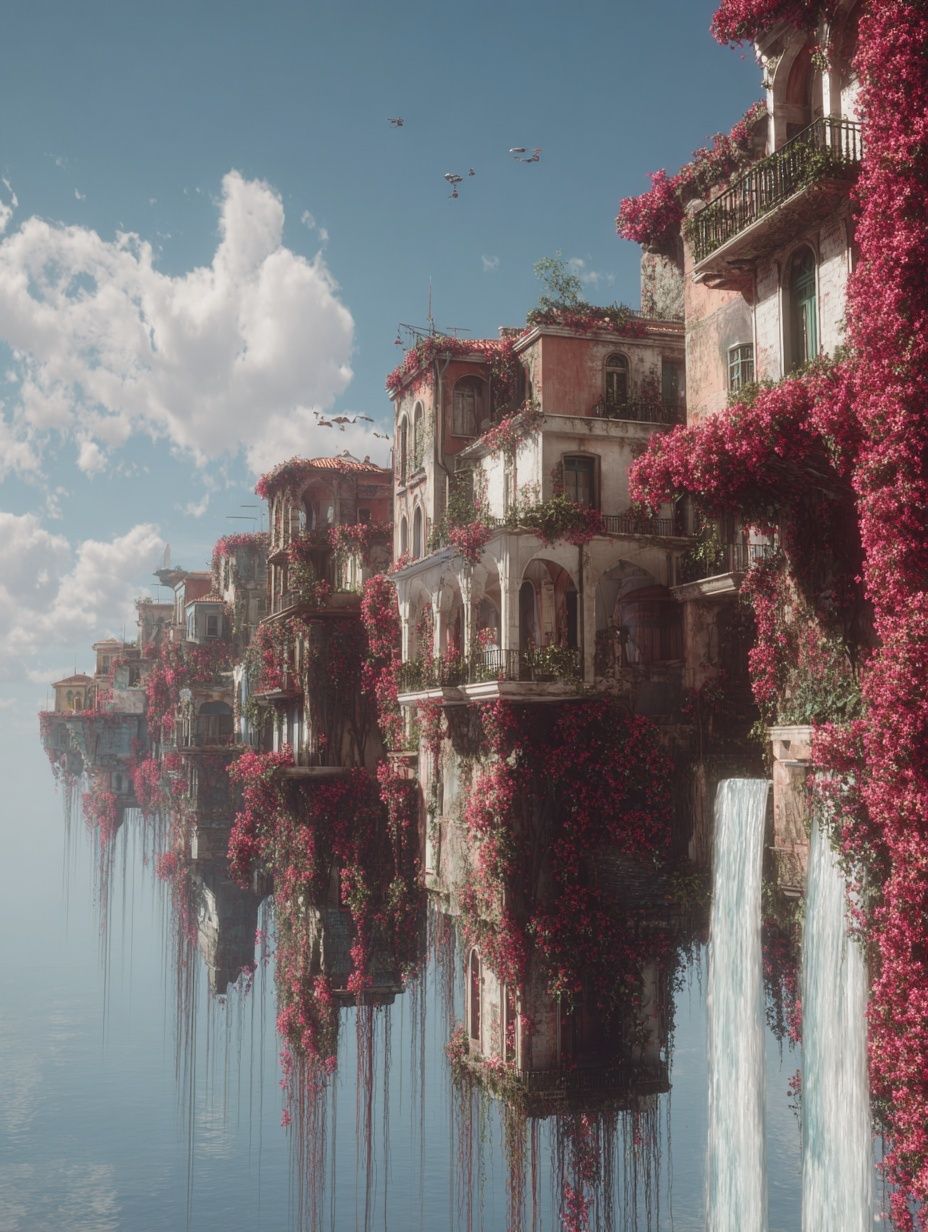 Floating Cliffside Village Fantasy Print. poster — illustration art