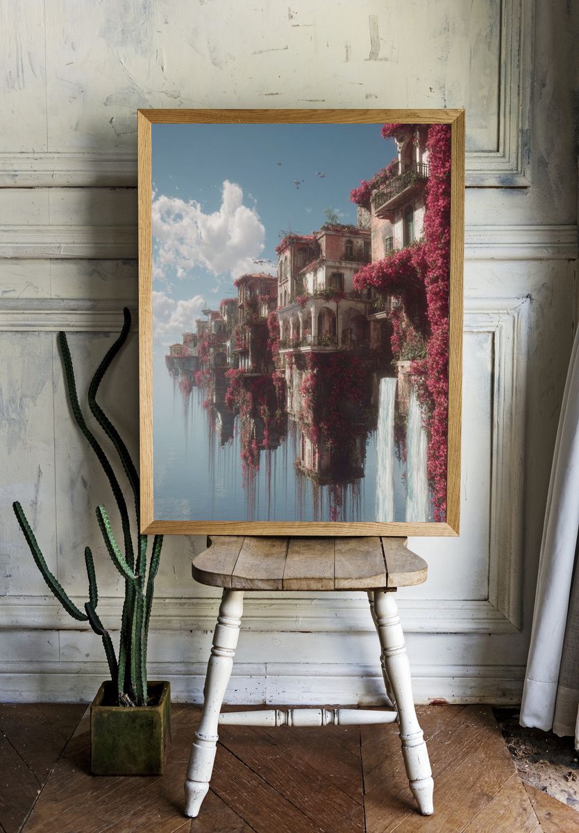 Floating Cliffside Village Fantasy Print. — room view 1