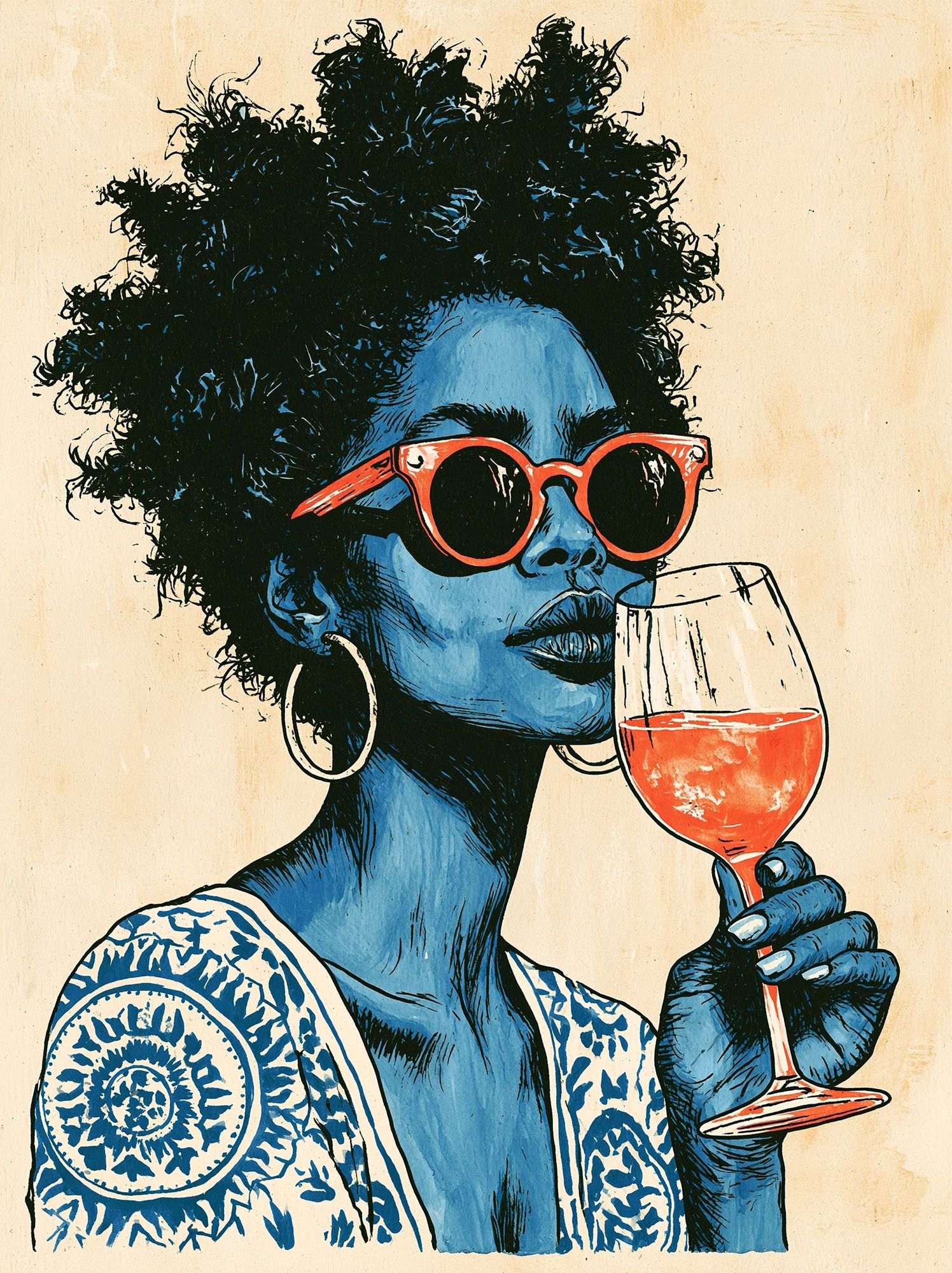 Blue Portrait with Wine Glass Print. poster detail