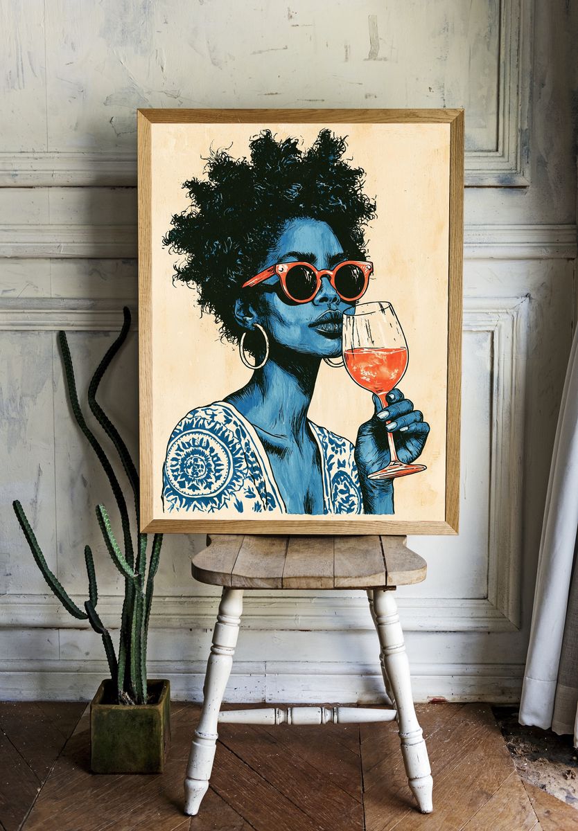 Blue Portrait with Wine Glass Print. room preview