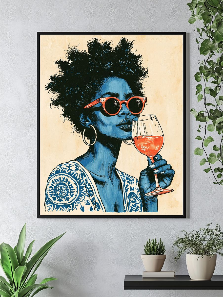 Blue Portrait with Wine Glass Print. — room view 4