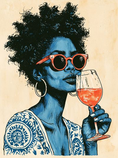 Blue Portrait with Wine Glass Print.