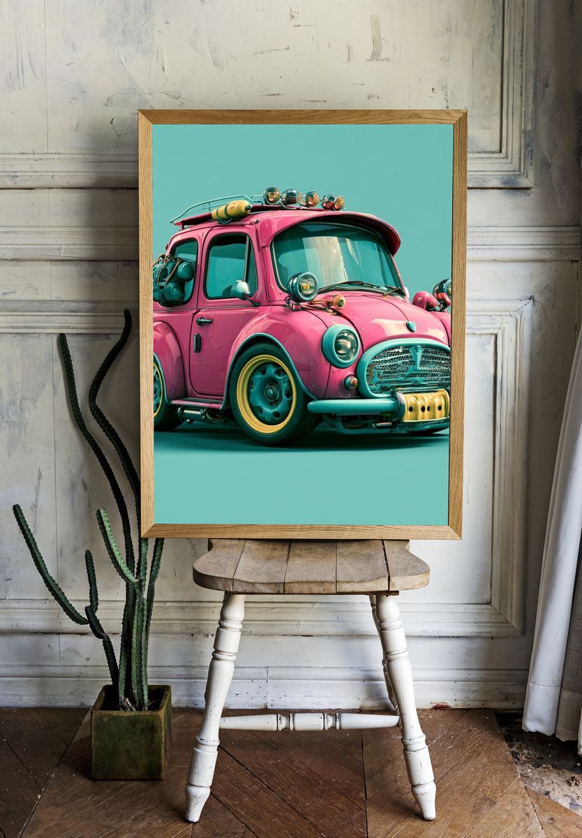 Retro Pink Mini Car Poster. — room view 1