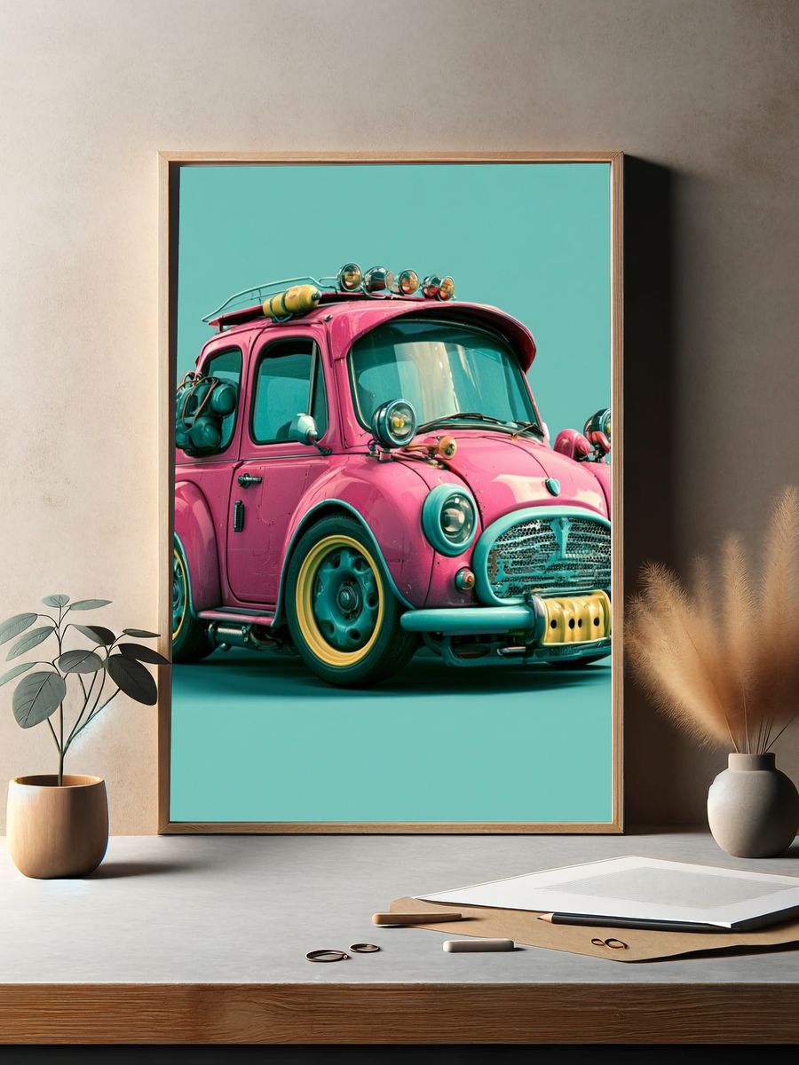 Retro Pink Mini Car Poster. — room view 2