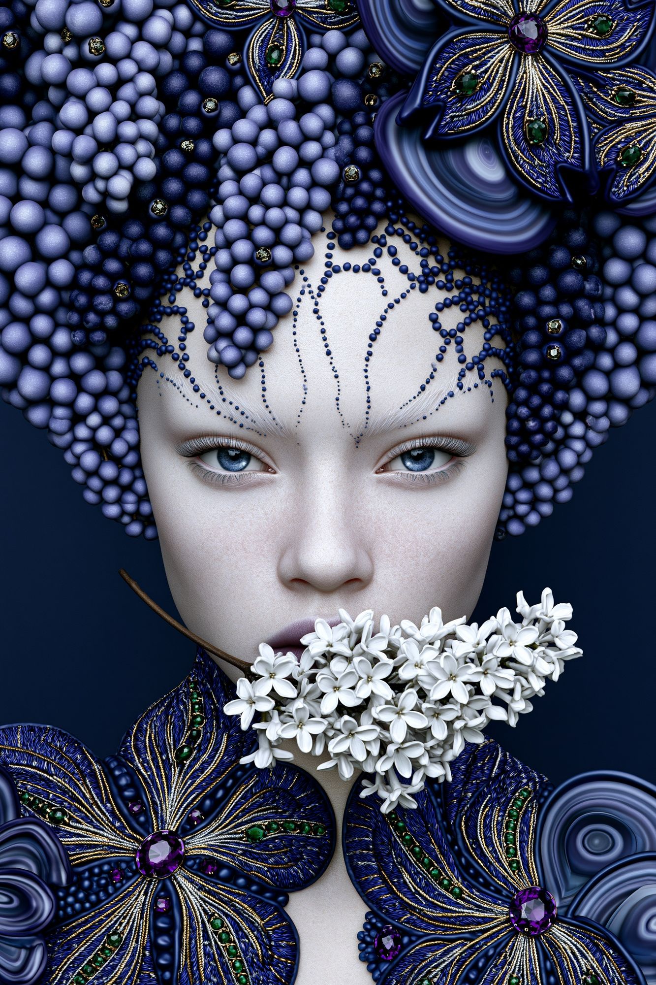 Blue Floral Portrait Digital Art Print. poster detail