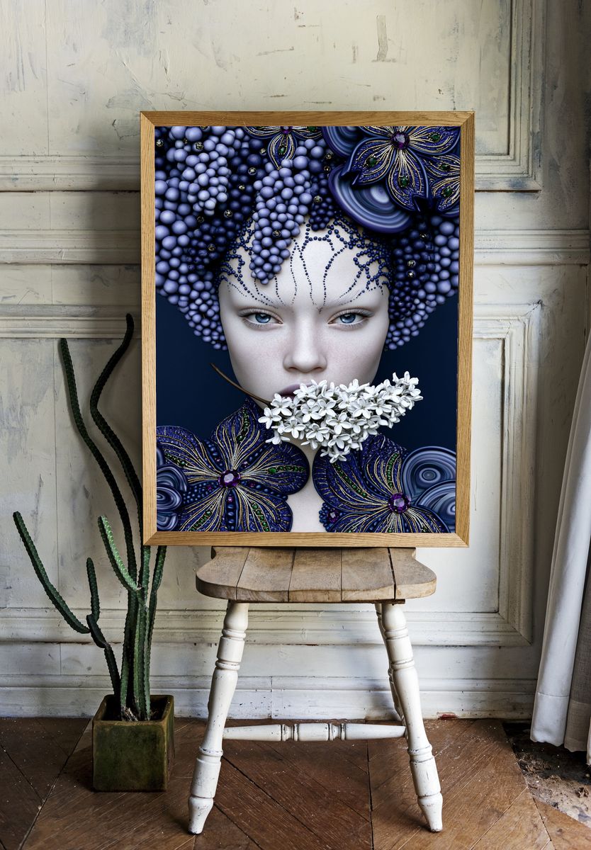 Blue Floral Portrait Digital Art Print. room preview