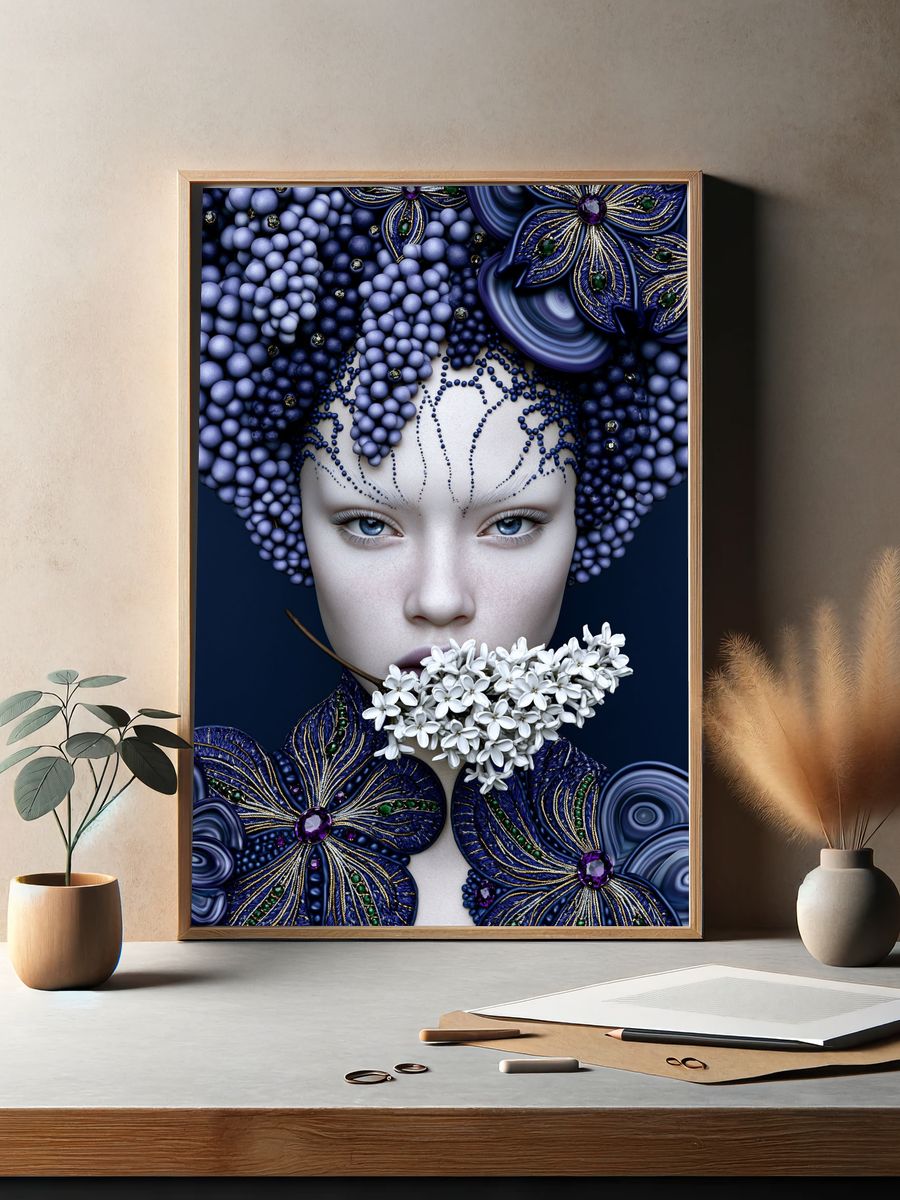 Blue Floral Portrait Digital Art Print. — room view 2