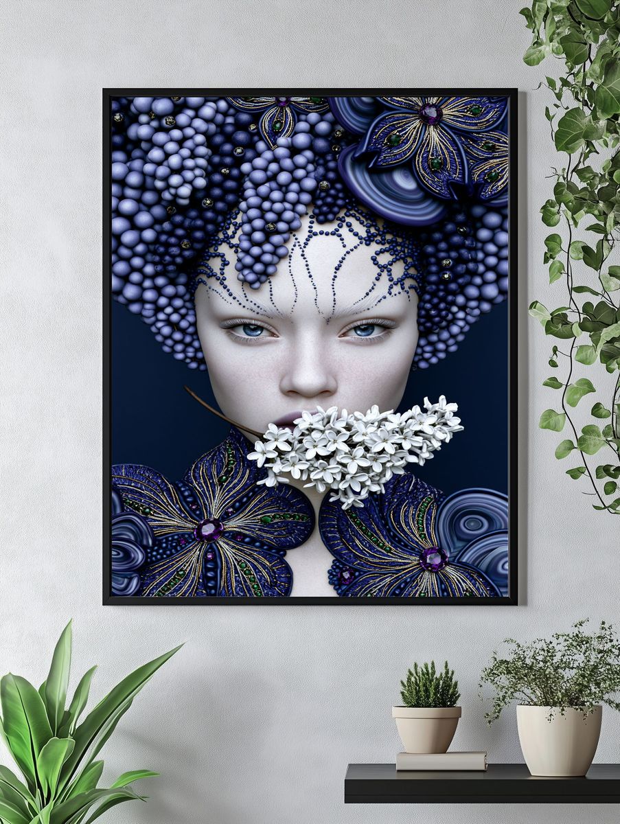 Blue Floral Portrait Digital Art Print. — room view 4