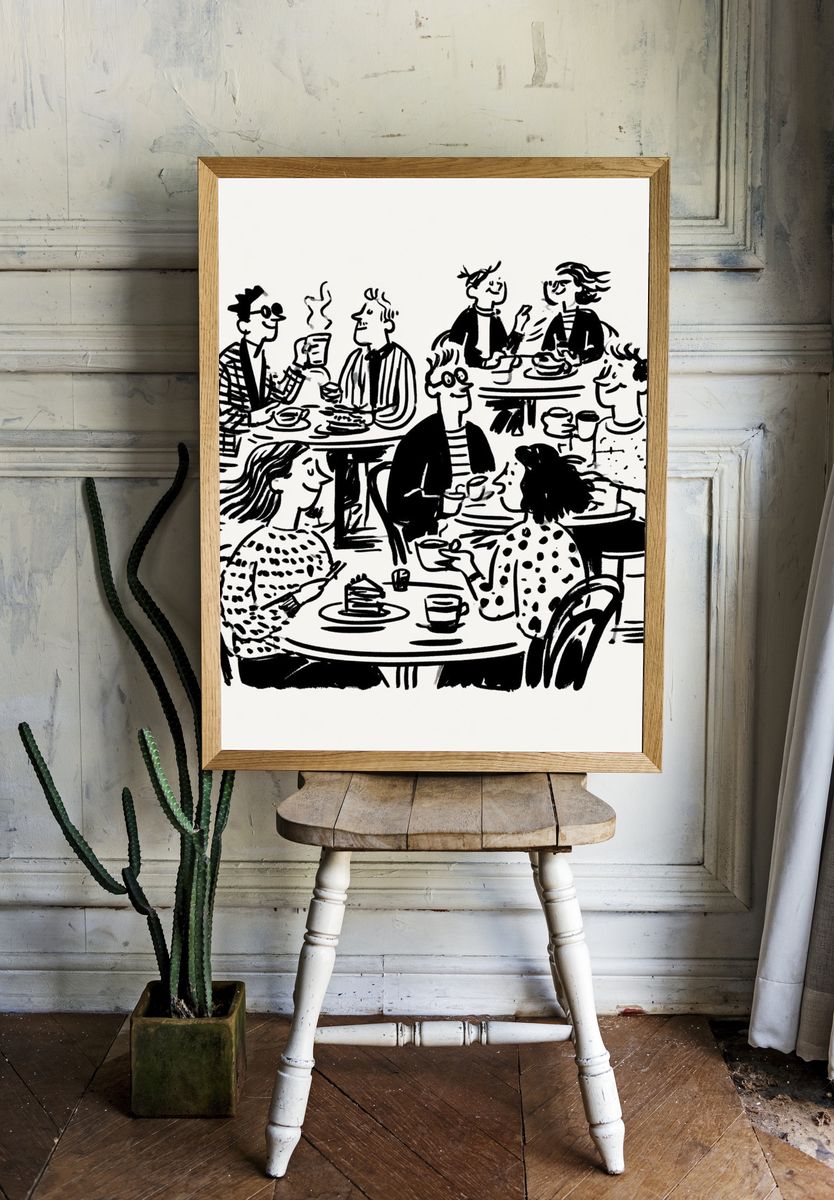Cafe Conversation Line Art Poster. room preview