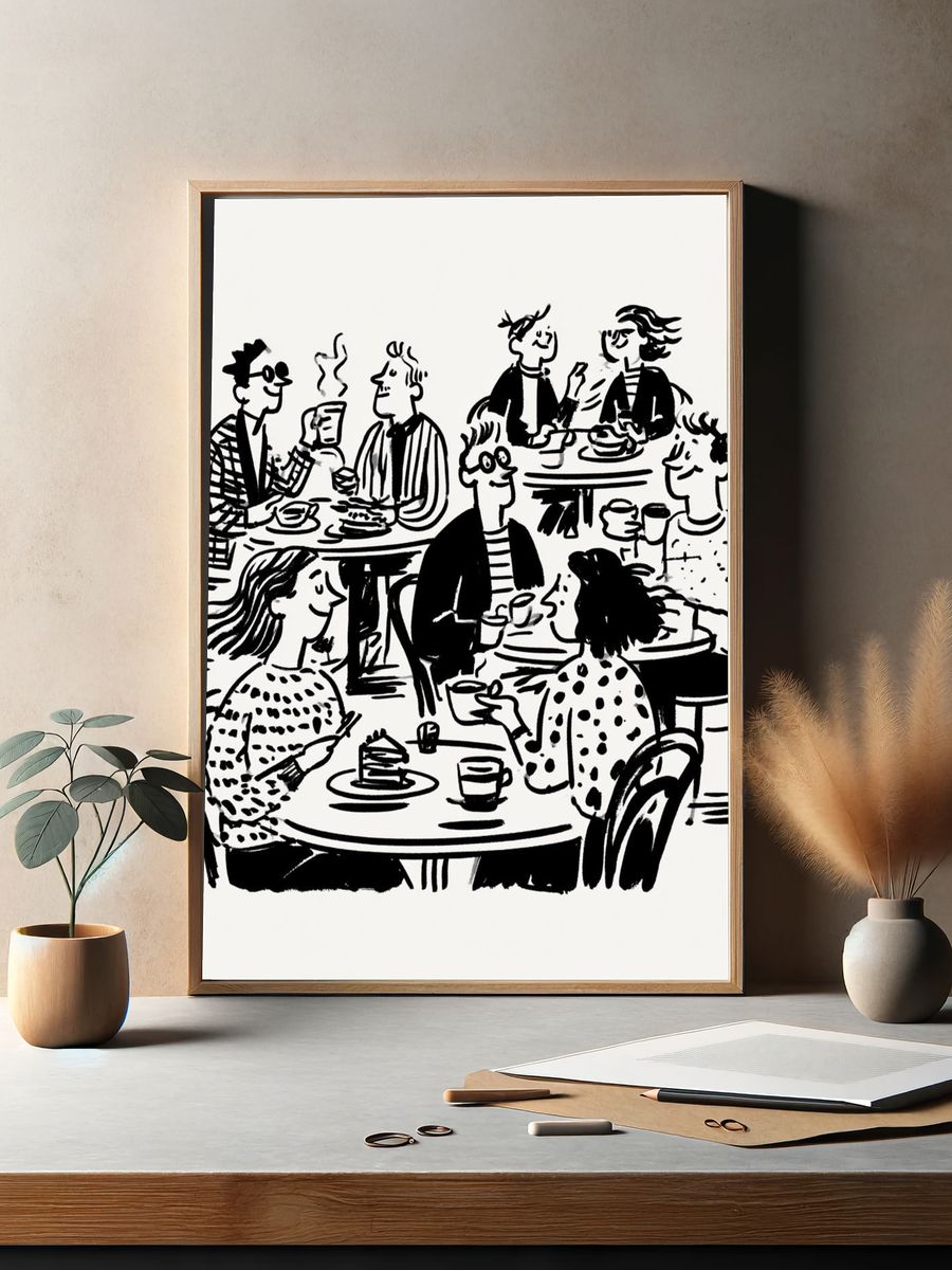 Cafe Conversation Line Art Poster. — room view 2