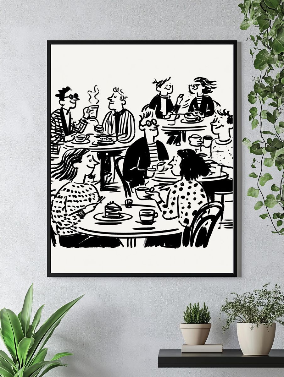 Cafe Conversation Line Art Poster. — room view 4