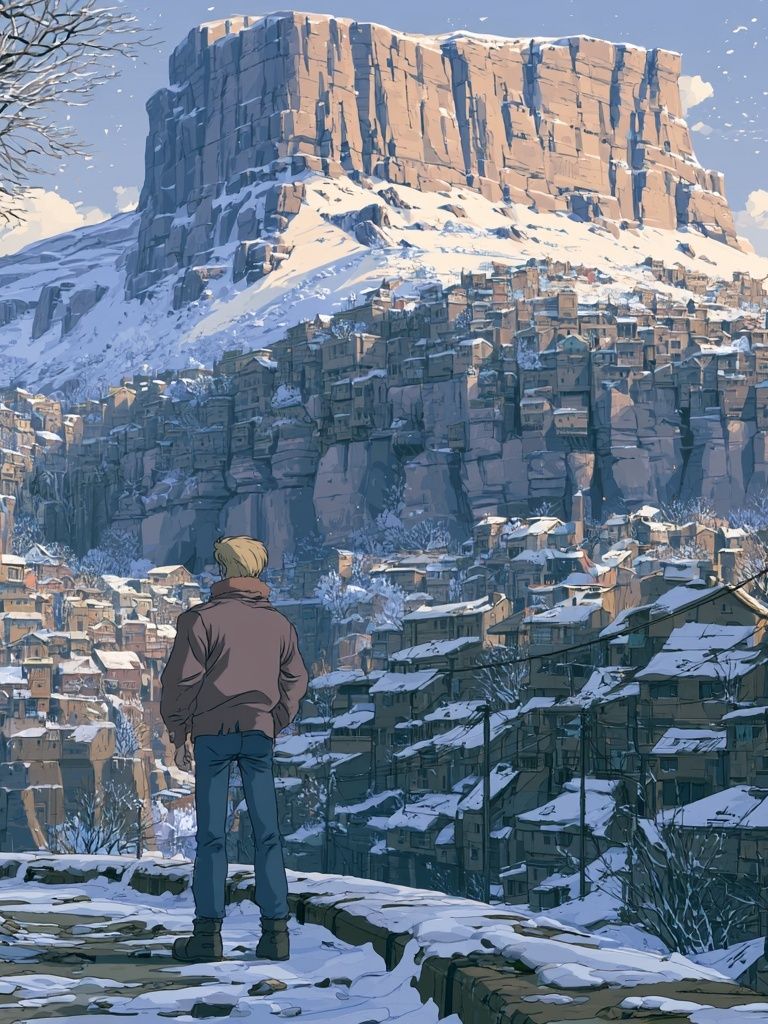 Snowy Mountain Village Illustration Poster. poster — illustration art