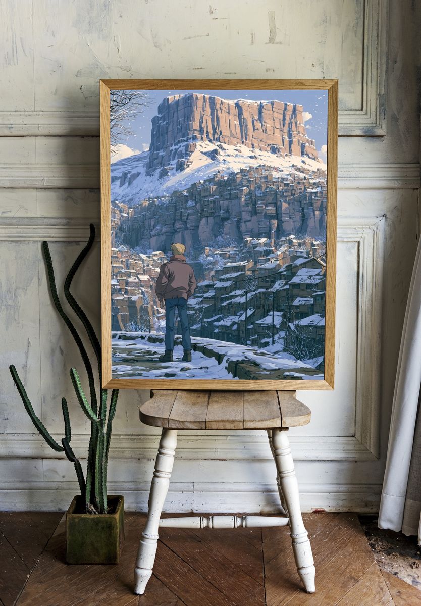 Snowy Mountain Village Illustration Poster. room preview