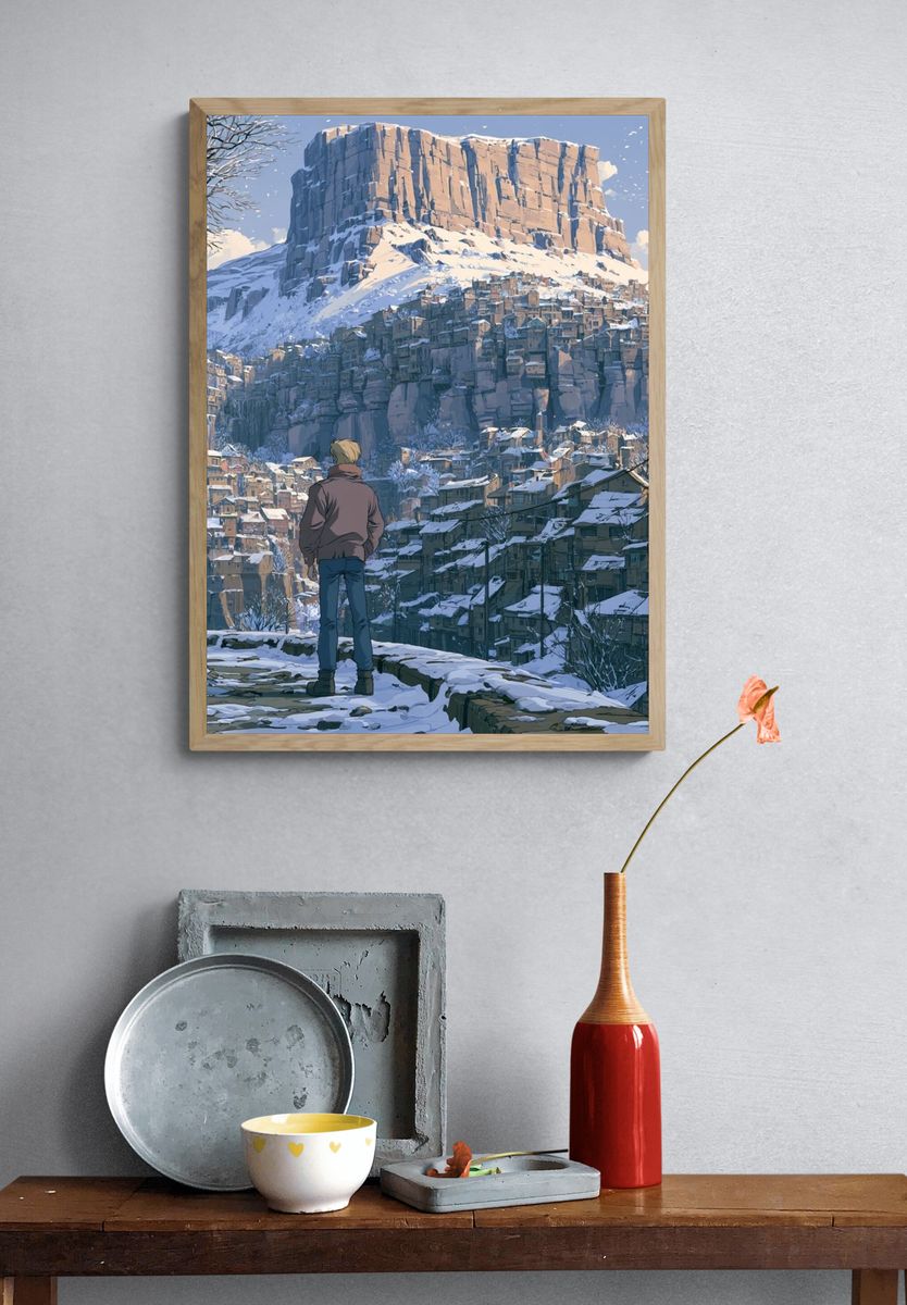 Snowy Mountain Village Illustration Poster. — room view 3