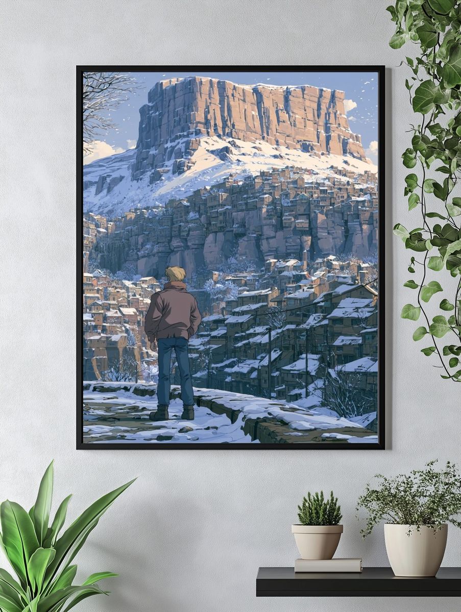 Snowy Mountain Village Illustration Poster. — room view 4
