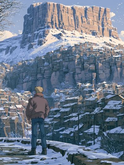 Snowy Mountain Village Illustration Poster. poster print