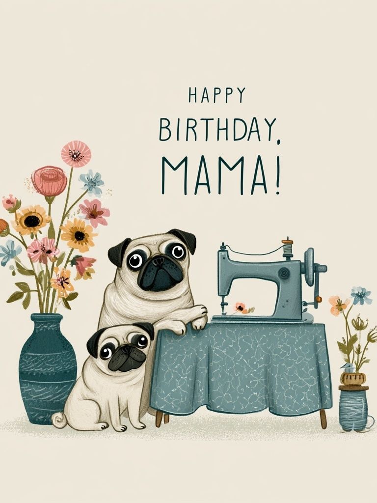 Happy Birthday Mama Pug Illustration Poster. poster detail