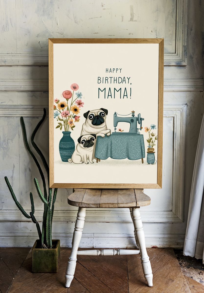 Happy Birthday Mama Pug Illustration Poster. room preview