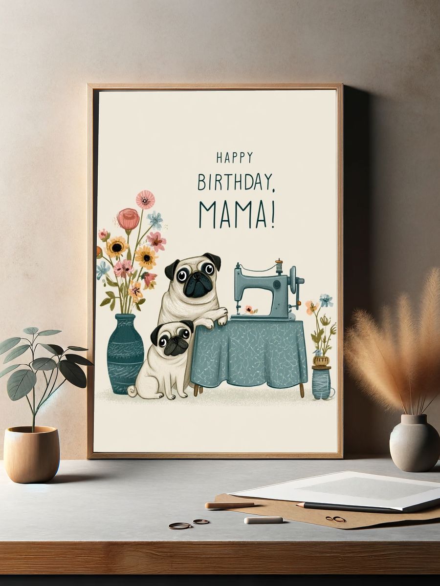 Happy Birthday Mama Pug Illustration Poster. — room view 2