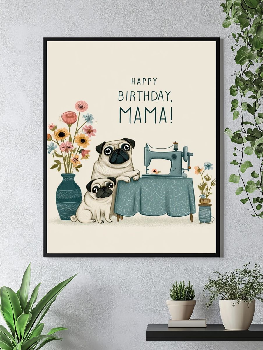 Happy Birthday Mama Pug Illustration Poster. — room view 4