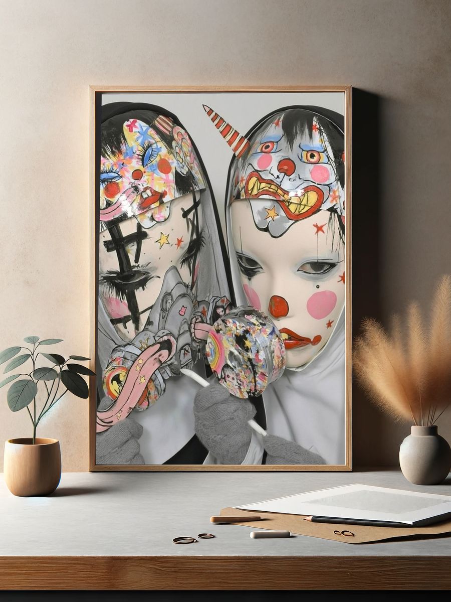 Surreal Clown Masks Illustration Poster. — room view 2