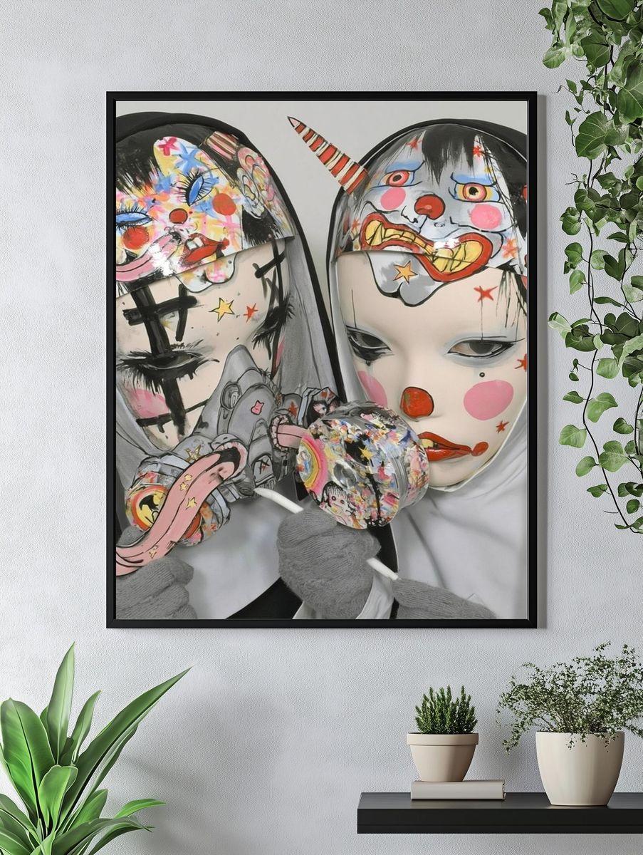 Surreal Clown Masks Illustration Poster. — room view 4