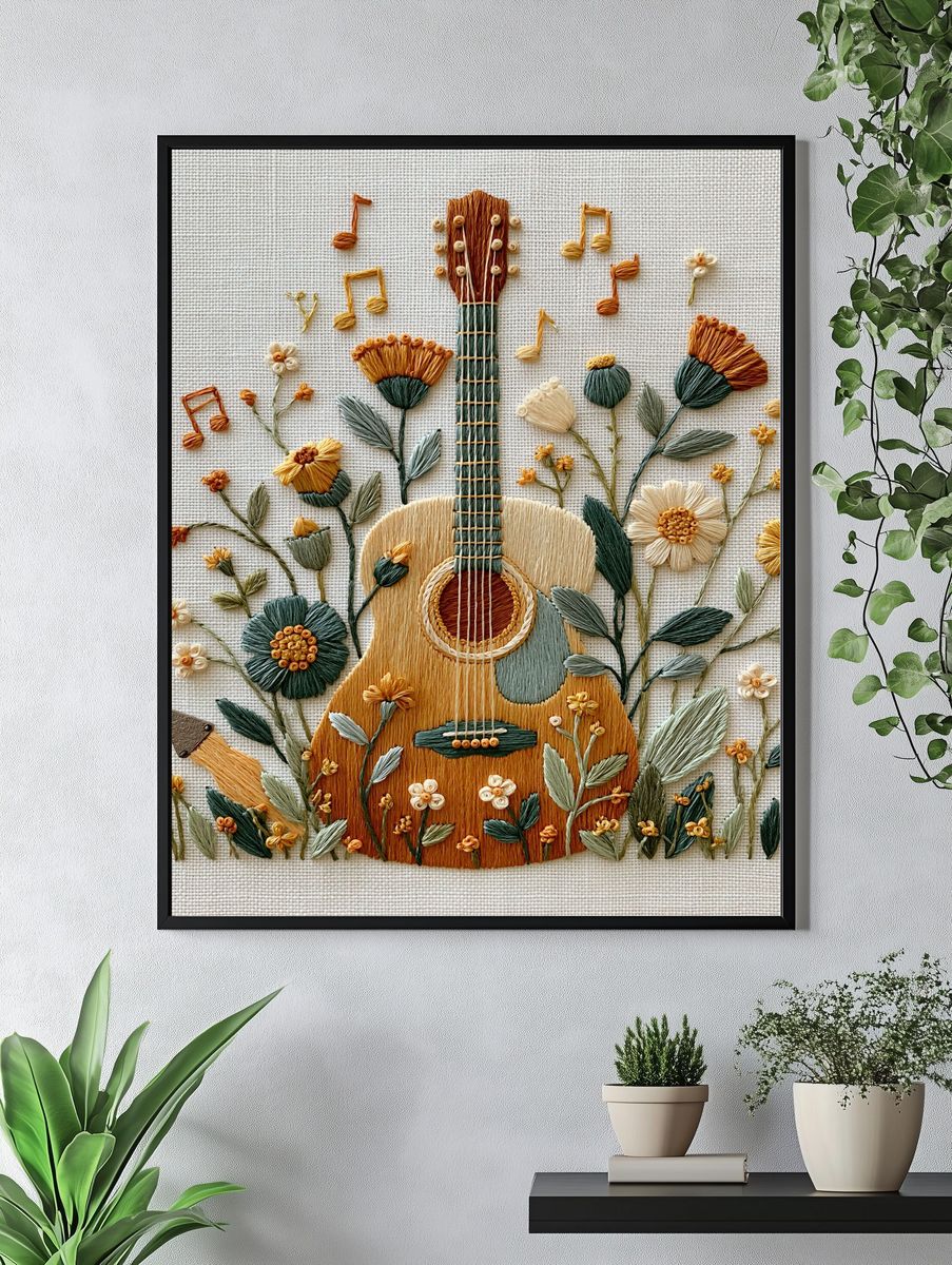 Floral Guitar Embroidery Print. — room view 4