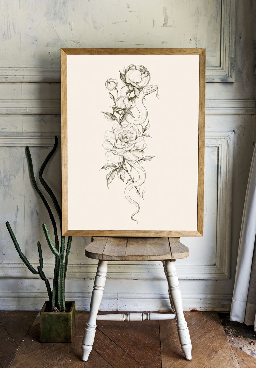 Snake and Peonies Illustration Poster. — room view 1