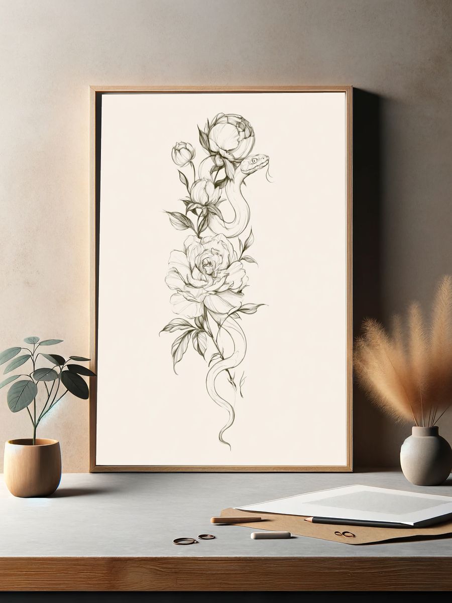 Snake and Peonies Illustration Poster. — room view 2