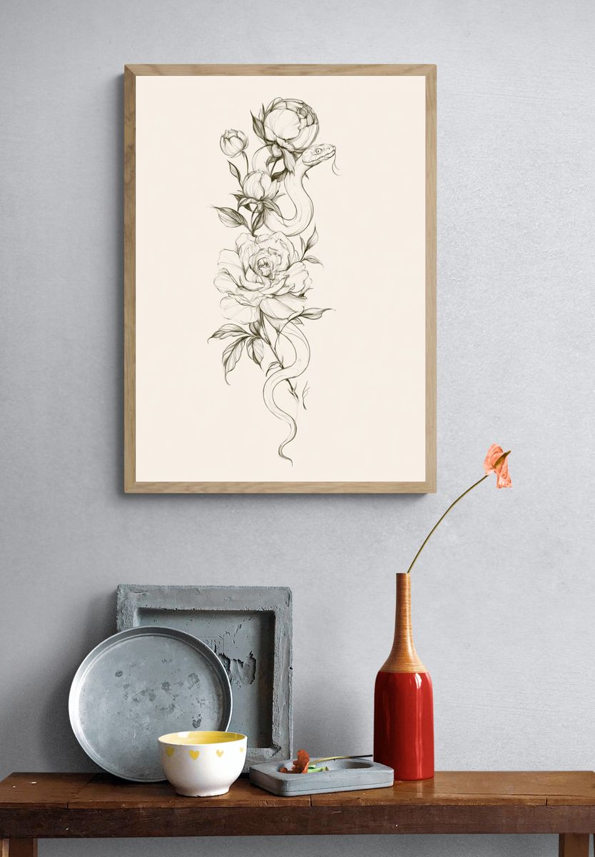 Snake and Peonies Illustration Poster. — room view 3