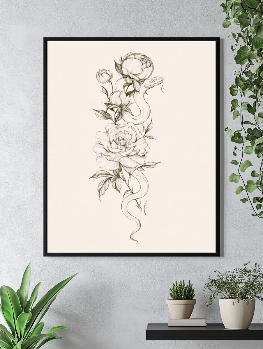 Snake and Peonies Illustration Poster. — room view 4