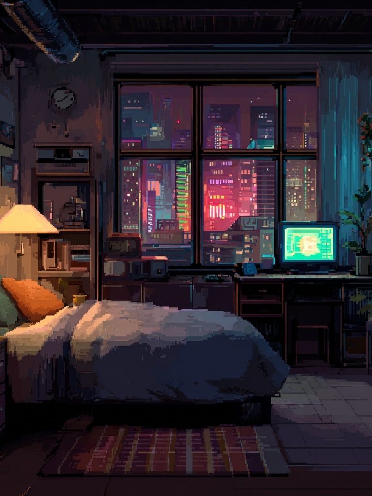 Neon City Bedroom Illustration Poster. poster detail