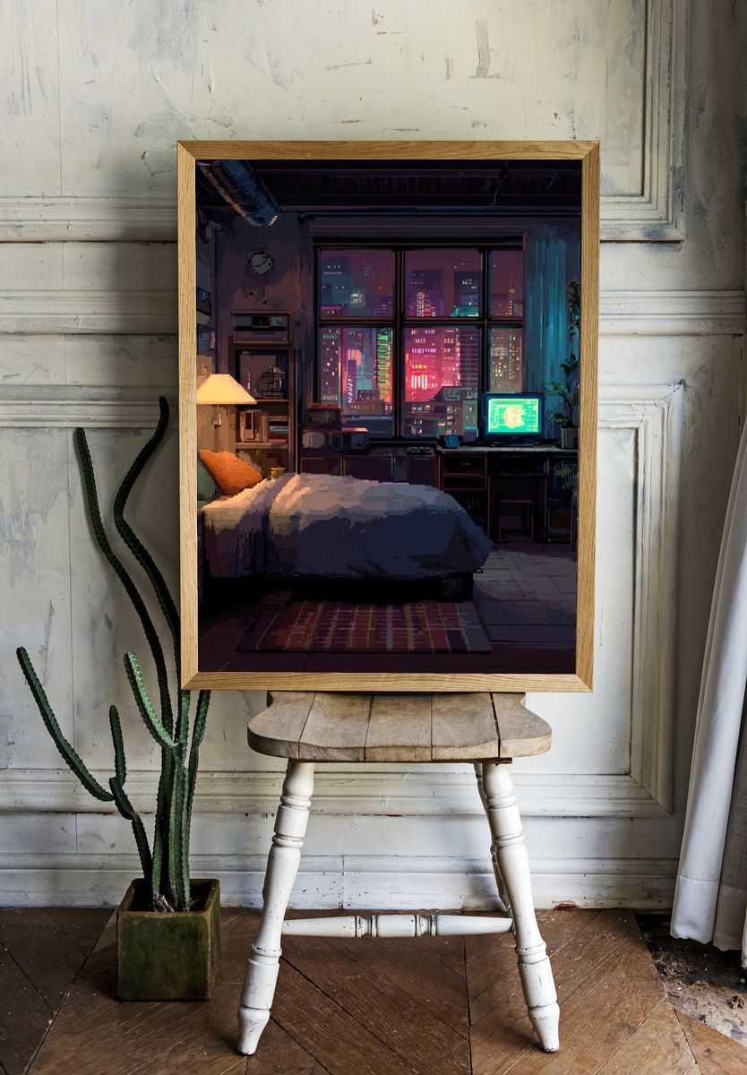 Neon City Bedroom Illustration Poster. room preview